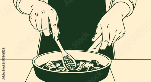 Close Up Hands Stir Frying Food in Pan with Spatula Vector Illustration