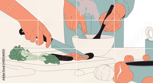 Close up of hands cutting vegetables and mixing ingredients in the kitchen, flat vector illustration of people cooking together for healthy lifestyle and culinary concept