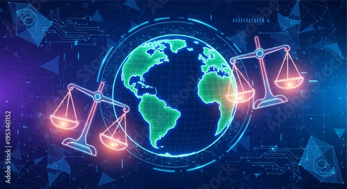 Global justice concept with scales of law surrounding earth globe on dark background