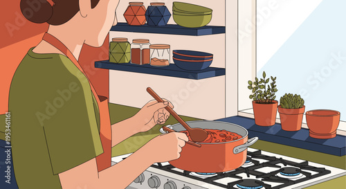 Woman Cooking Tomato Sauce in Kitchen Illustration, Person Stirring Soup on Gas Stove with Herbs and Shelves Background, Flat Vector Style Culinary Activity