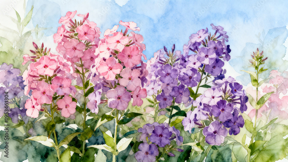 Obraz premium Vibrant Watercolor Garden Phlox - Lush Pink and Purple Blooms for Summer Floral Design ,Elegant Phlox Wildflower Illustration - Soft Watercolor Painting with Bright Blue Sky Background