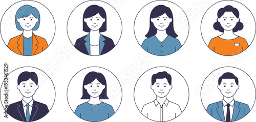 Set of eight diverse people portraits in circular frames