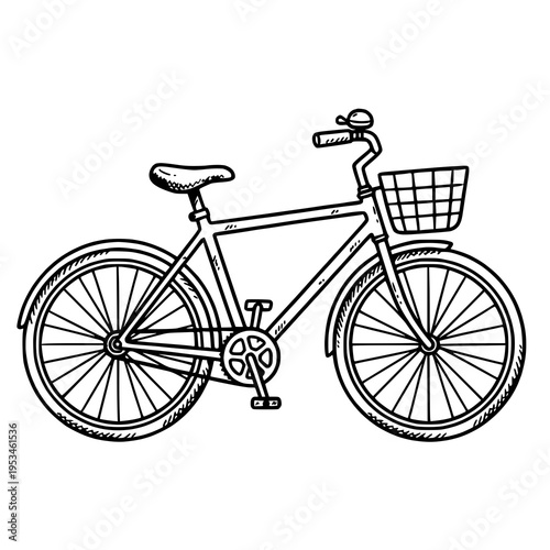 Hand-drawn illustration of a classic city bicycle with basket, ideal for transport, lifestyle, eco-friendly, and urban themed designs.