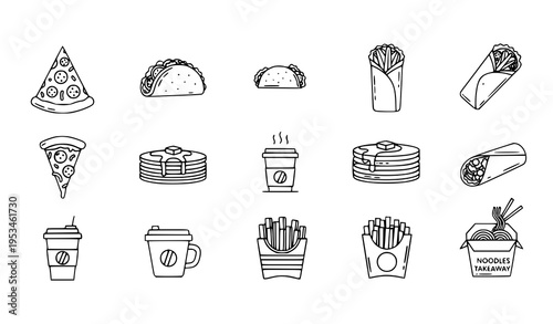 International Fast Food Outline Icons Editable Stroke Food Delivery Vector Illustration Set