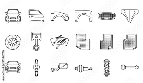 Car Parts Outline Icons Set Editable Stroke Automotive Vehicle Component Vector Collection