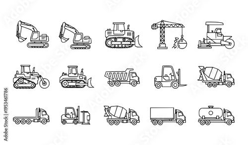 Heavy Equipment Outline Icons Editable Stroke Industrial Truck and Trailer Vector Set