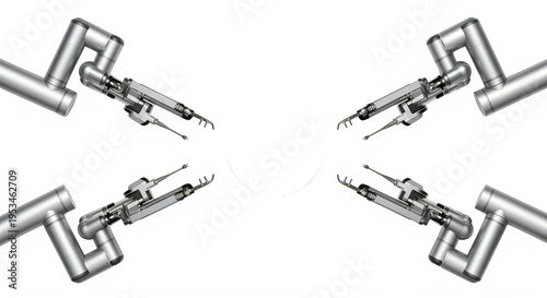Robot arms with metal pipes and surgical tools on white background for industry use transparent background