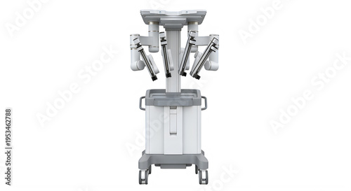 Robotic surgical system with multiple arms and control unit on wheels for medical procedures transparent background