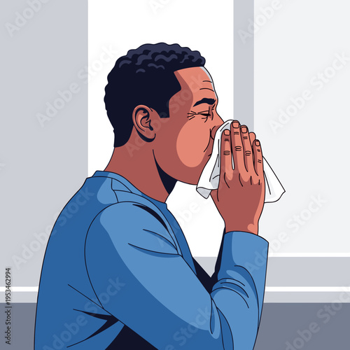 Middle-aged Black man blowing nose into tissue due to cold or allergy symptoms, side view indoor scene, flat vector illustration of seasonal illness