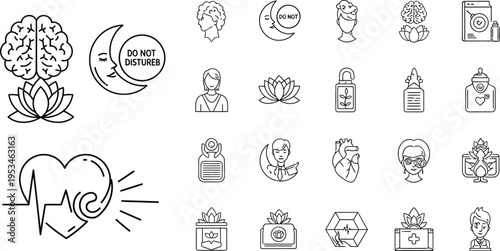 Wellness and mental health icons with brain, lotus, heart, and moon symbols