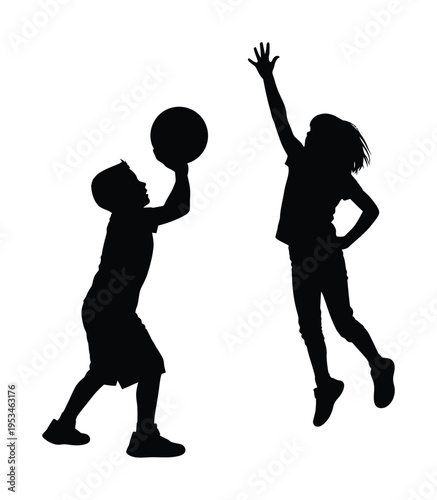 Vector showing two kids playing basketball with one attempting to block the other
