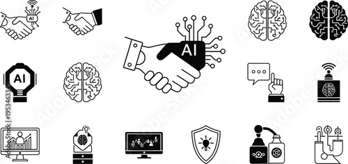 Artificial intelligence AI icons with handshake, brain, and robot symbols