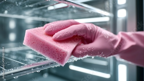 Refrigerator cleaning close up with a pink sponge and glove in cool silver and blush tones