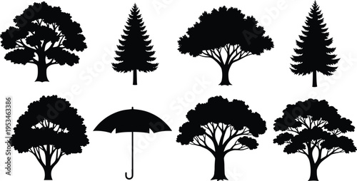 Untitled-1Black tree silhouettes set with one umbrella icon standing out as odd one out concept for unique leadership and individuality