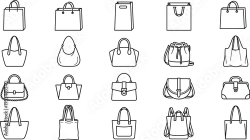 Shopping bag and handbag outline icon set with tote purse backpack retail packaging fashion accessory line illustration collection