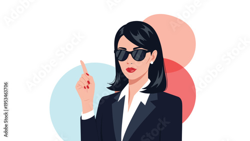 Confident secret agent woman wearing a black business suit and sunglasses pointing her finger up against an abstract background.