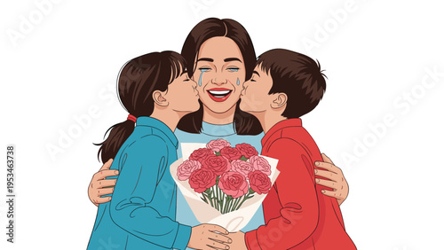 Happy mother with closed eyes being kissed on the cheeks by her two children while holding a large bouquet of pink carnations.