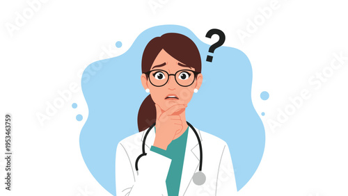 Female doctor wearing a white coat and stethoscope looking confused with a question mark symbol floating above her head.