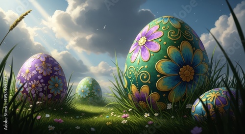 Giant ornate Easter eggs with gold floral patterns resting in green grass with wildflowers under dramatic sunlit cloudy sky in fantasy illustration style. Magical Easter celebration concept