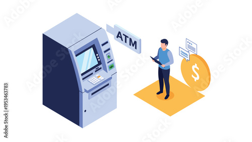 Isometric illustration of a modern ATM machine with a businessman standing nearby holding a folder in front of a giant coin.