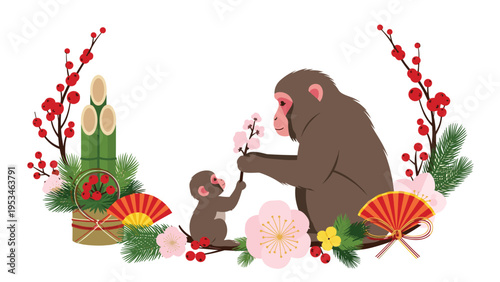 Heartwarming illustration of an adult monkey handing a flowering branch to a baby monkey surrounded by traditional festive decorations.