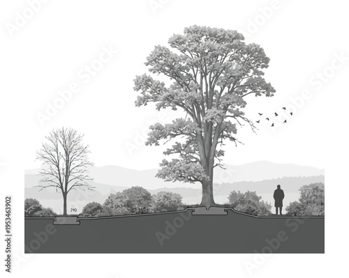 Serene vector of a large tree on a hill with a person standing in the distance