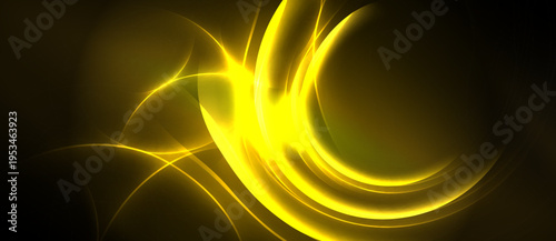 Bright yellow abstract lines swirl against dark background. Dynamic energy radiates from central focal point. Smooth curves create flowing visual effect.