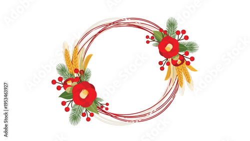 Traditional Japanese New Year wreath featuring red camellia flowers, green pine needles, and golden rice stalks on white background.