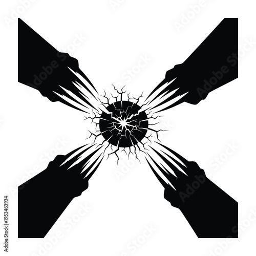 Dark vector of four hands meeting in the center and causing a shattered glass effect