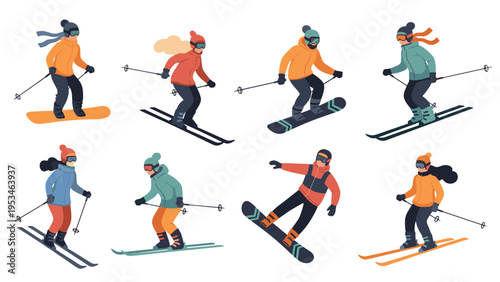 Set of people skiing and snowboarding wearing colorful winter sports gear and goggles isolated on white background for winter activities.