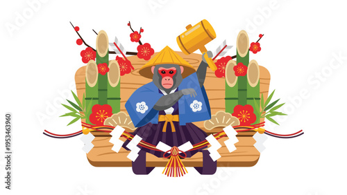 Traditional Japanese New Year illustration featuring a monkey dressed in a blue kimono and straw hat holding a golden lucky hammer.