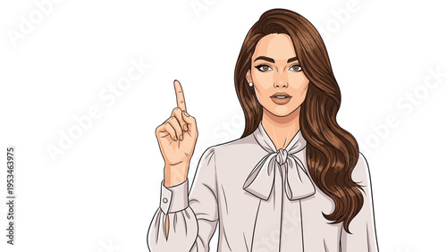 Portrait of a stylish young woman with long wavy brown hair wearing a white blouse and pointing her finger up against white background.