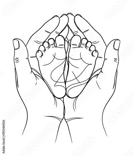 Delicate vector of two hands gently holding a baby's feet.