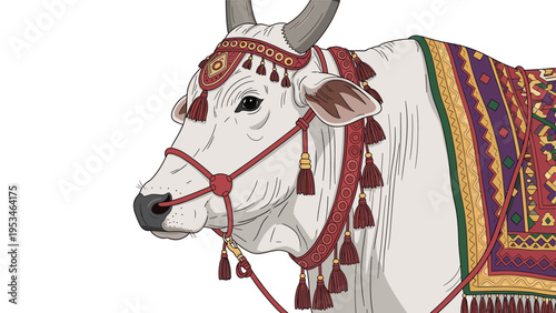 Side profile of a white Indian bull adorned with traditional red and purple decorative cloths, tassels, and jewelry on its head.