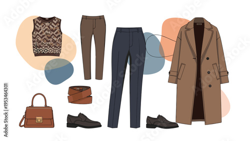 Assortment of mens autumn fashion items including a brown coat, navy trousers, patterned vest, bag, belt, and shoes on a white background.