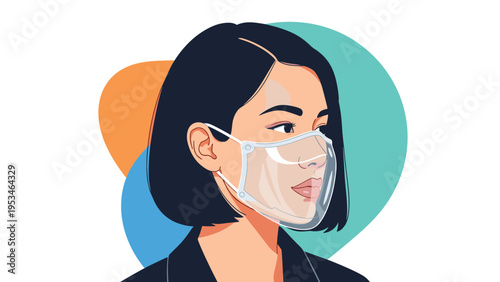 Profile portrait of a young woman with dark hair wearing a transparent plastic face shield for virus protection against a colorful background.