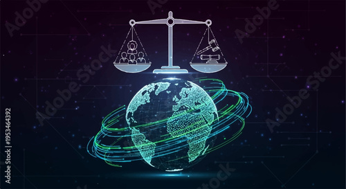 Balance scales hovering over a glowing blue globe with swirling lines on a dark background with a subtle texture