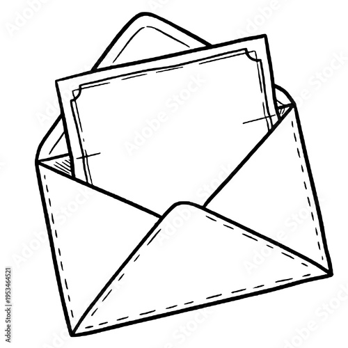 Hand-drawn illustration of an open envelope with letter, perfect for mail, communication, message, and correspondence themed designs.