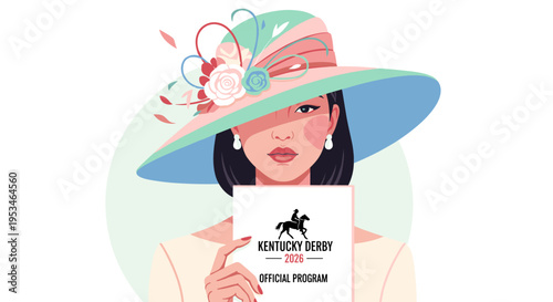 Elegant woman in wide hat holding Kentucky Derby 2026 official program, fashionable spectator portrait, stylish flat vector illustration of race day event