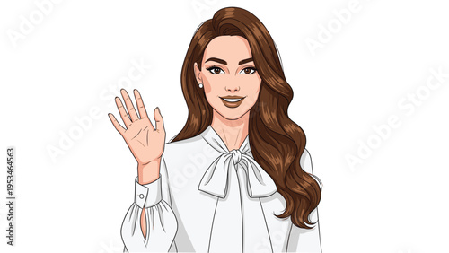Portrait of a friendly young woman with long wavy brown hair wearing a white blouse and waving her hand in greeting against white background.