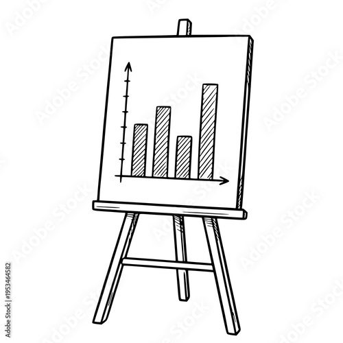 Hand-drawn illustration of a presentation board on easel with bar chart, ideal for business, data, analytics, and office themed designs.