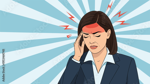 Stressed businesswoman in a suit suffering from a severe headache and fever with red forehead and lightning bolt symbols of pain.