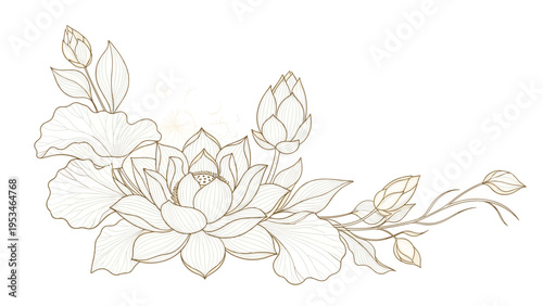 Sophisticated horizontal composition of lotus flowers, buds, and leaves in delicate beige line art for a calm and serene aesthetic.