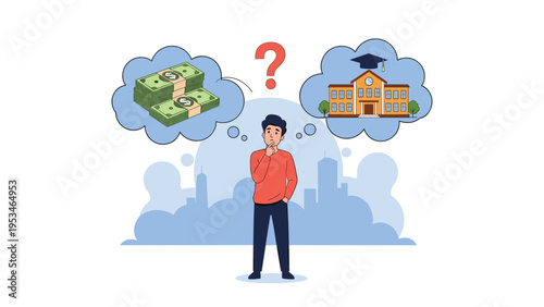 Young man standing in front of a city skyline thinking about the choice between earning money and pursuing higher education.