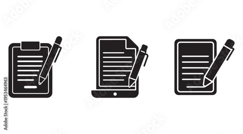 Black and white icons of documents with pens on clipboard tablet and smartphone screens  office supplies and technology for writing and editing