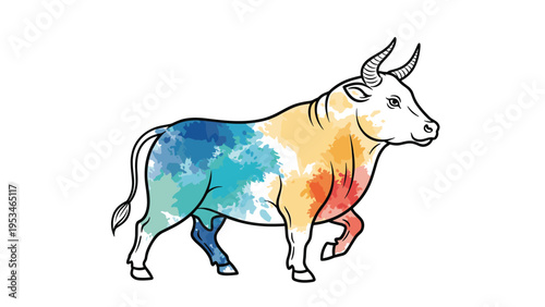Artistic illustration of a walking bull or ox with a vibrant colorful watercolor splash pattern on its side against a white background.