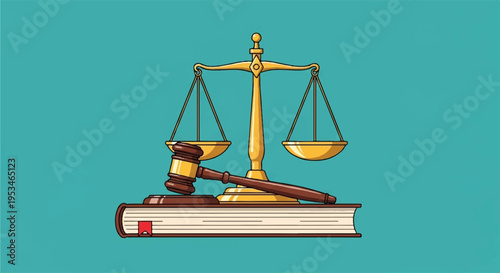 Law scale with gavel on legal book symbolizing justice and law on teal background