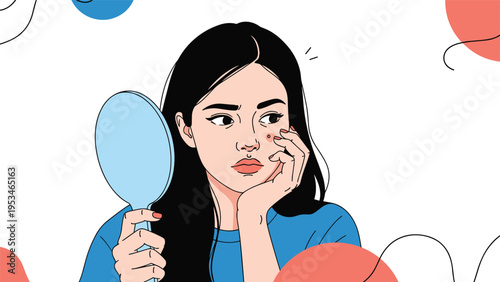 Concerned young woman looking at her reflection in a hand mirror and touching a red pimple on her cheek against a colorful background.