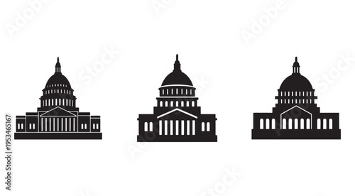 Black and white illustration of US Capitol building silhouettes in different angles and perspectives  American government and politics symbol