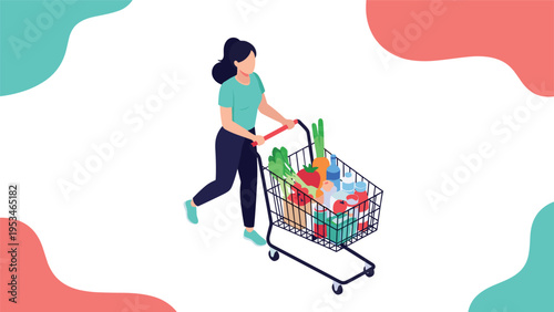 Isometric illustration of a woman in activewear pushing a shopping cart full of fresh groceries like vegetables and bottled water through a park.